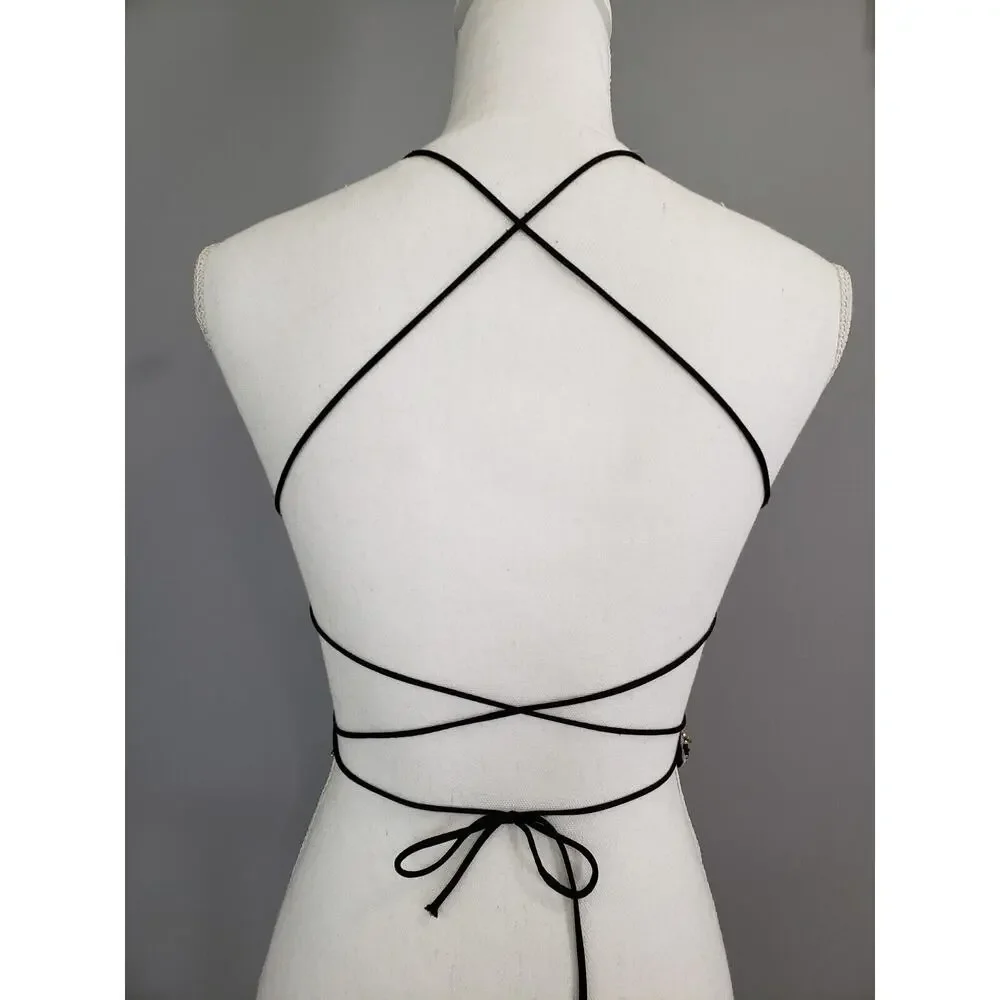 Vintage 00s Butterfly Crop Top Gold Black Rhinestones Strappy Open Back y2k 2000 - Picture 4 of 12
